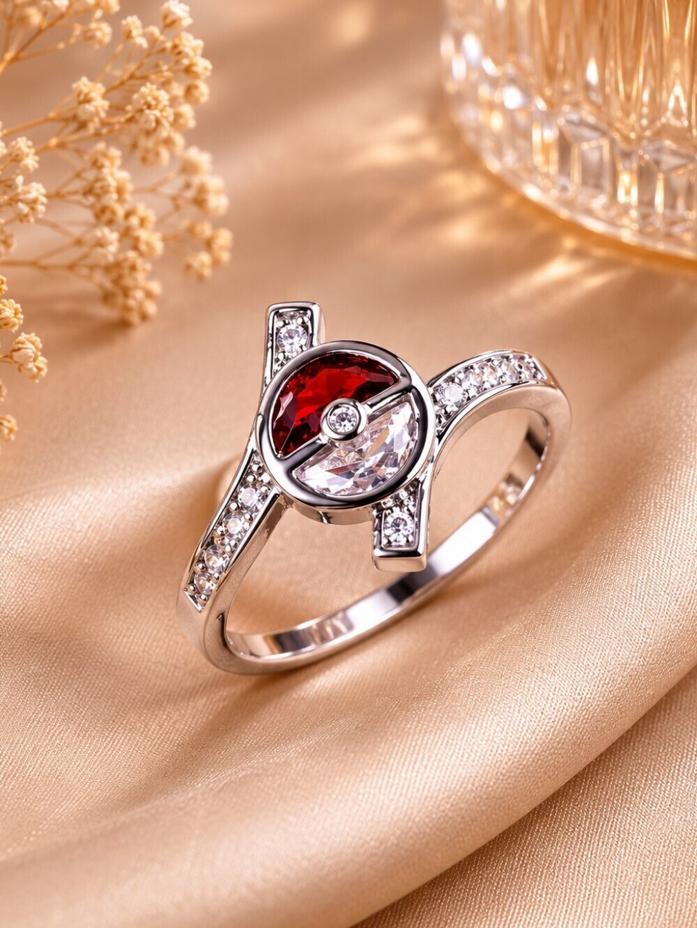 Pokemon Pokeball Crystal Statement Ring Silver Tone Anime Jewelry Size 7
